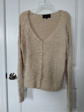 Young Threads Cream Fuzzy V-Neck Button Front Cardigan